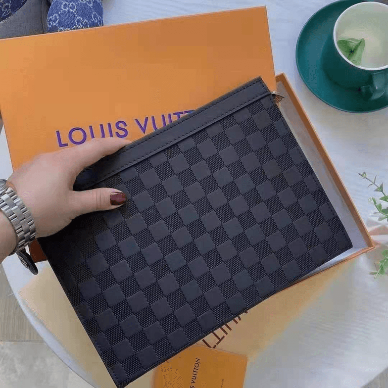 Checkered Leather Zipper Clutch Bag